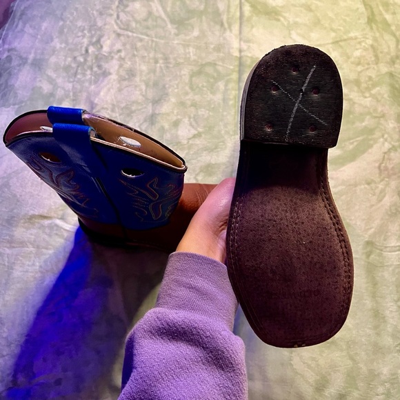 Old West Kids Oiled Rusty Brown and Blue Corona Calf Square Toe Cowboy Boots - Picture 6 of 8